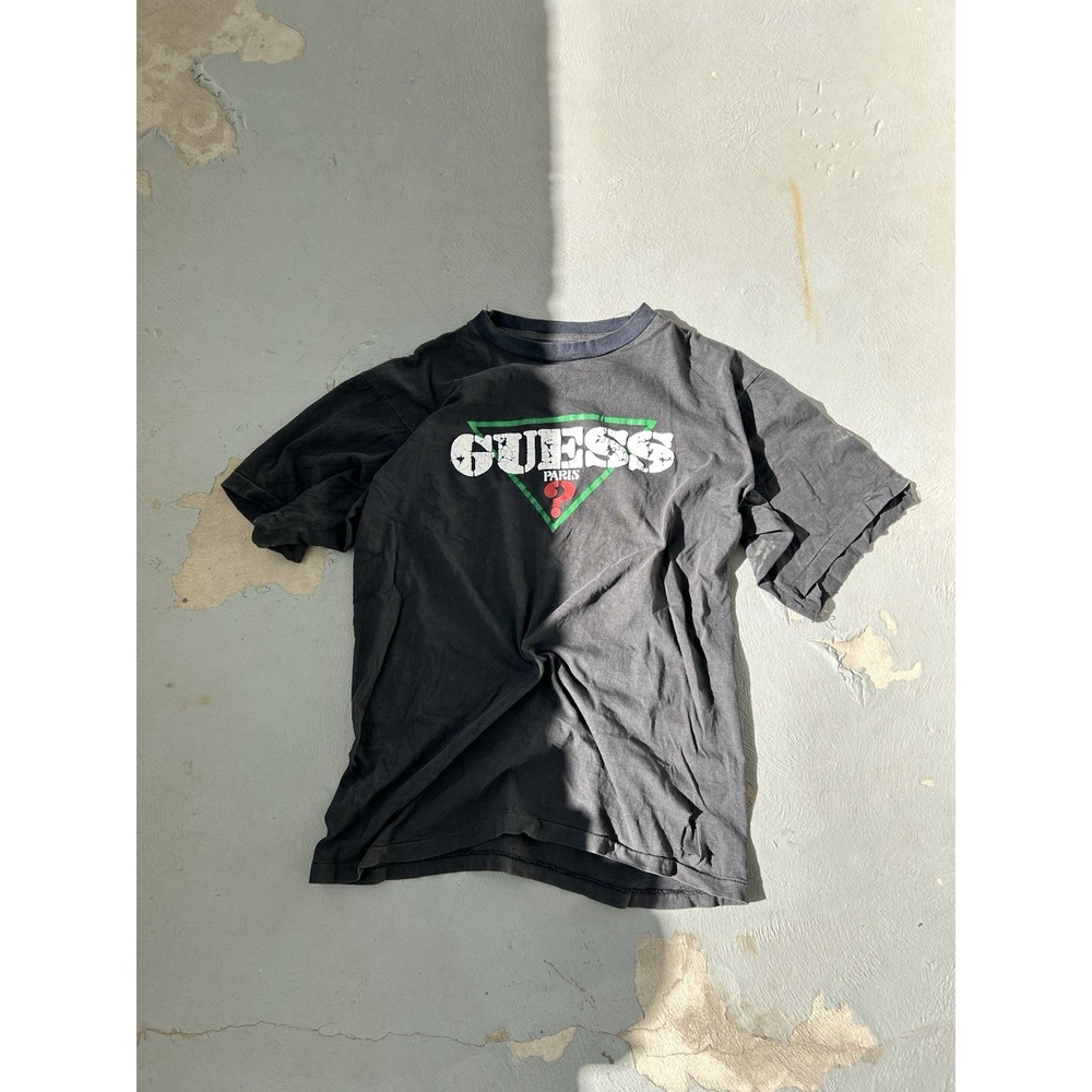 Vintage Y2K GUESS Jeans Paris Graphic Print Black Short Sleeve T-Shirt - Size XL